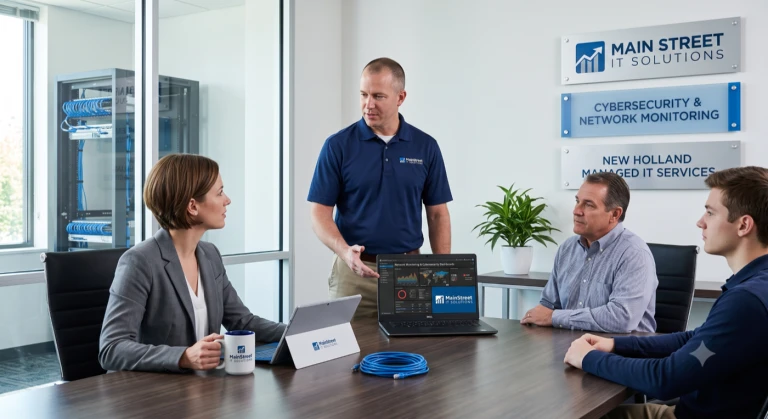 A modern bright office in New Holland featuring IT professionals managing network infrastructure servers and business hardware.
