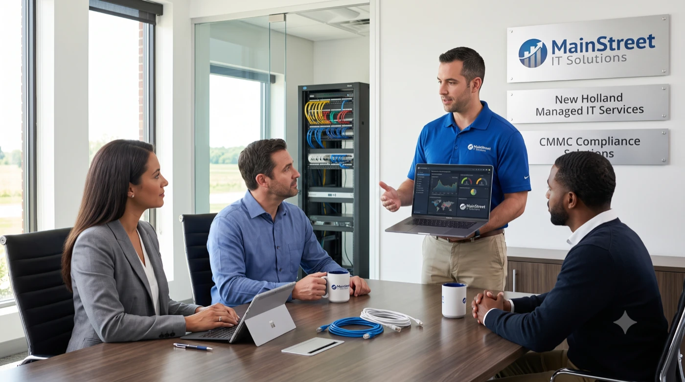 Bright modern office with IT professionals managing network security and CMMC compliance solutions in New Holland.